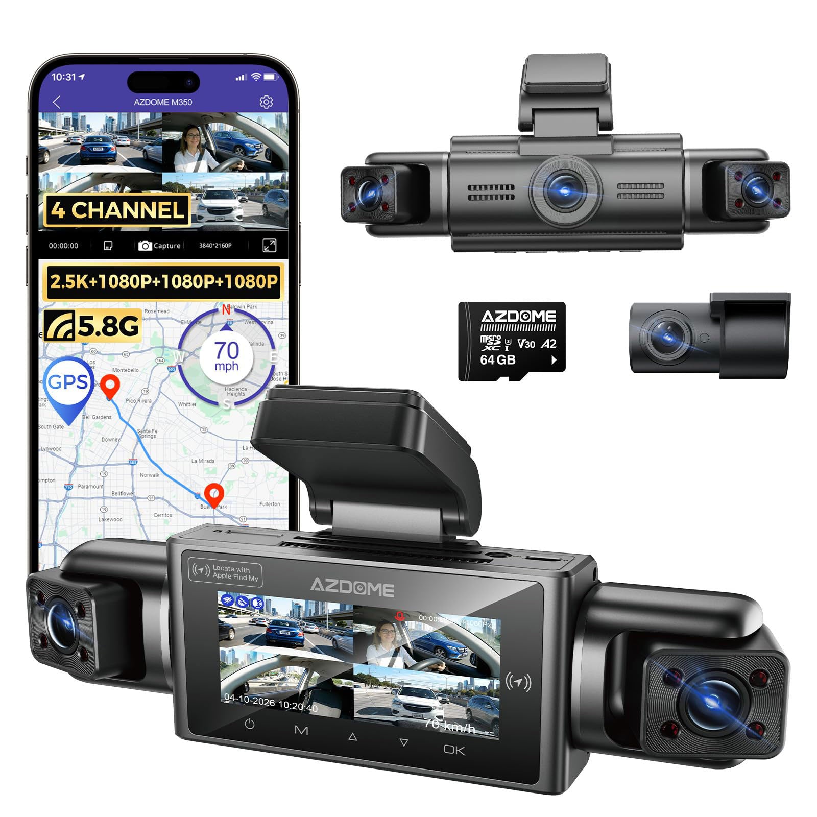 <tc>AZDome M350 4CH 2K Wifi GPS 64GB 360-degree dashcam</tc>